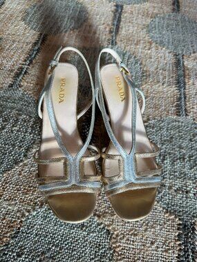 Prada women's metallic open toe platform wedges size 37